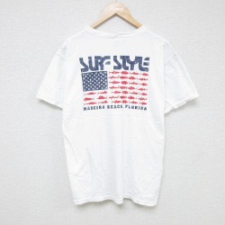 L★古着 サーフスタイル 半袖 Tシャツ メンズ 魚 コットン クルーネック 白 ホワイト 25jul18 中古