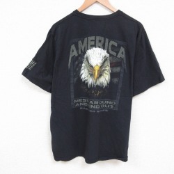 XL★古着 半袖 Tシャツ メンズ 鳥 大きいサイズ コットン クルーネック 黒 ブラック 25jul24 中古