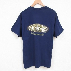XL★古着 ヘインズ Hanes 半袖 Tシャツ メンズ ハワイ コットン クルーネック 紺 ネイビー 25jul24 中古