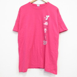 XL★古着 半袖 Tシャツ メンズ キャンプ コットン クルーネック 濃ピンク 25jul19 中古