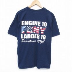 XL★古着 半袖 Tシャツ メンズ 消防署 コットン クルーネック 紺 ネイビー 25jul22 中古