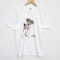 L★古着 半袖 Tシャツ メンズ 犬 コットン クルーネック 白 ホワイト 25jul22 中古