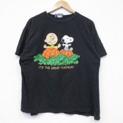 L★古着 半袖 Tシャツ メンズ ピーナッツ スヌーピー SNOOPY チャーリーブラウン コットン クルーネック 黒 ブラック 25jul22 中古