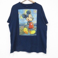 【50%OFF】XL★古着 半袖 Tシャツ メンズ ディズニー DISNEY ミッキー MICKEY MOUSE コットン クルーネック 濃紺 ネイビー 25jul22 中古