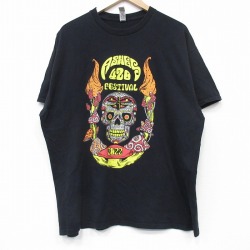 【20%OFF】XL★古着 半袖 Tシャツ メンズ スカル 企業広告 コットン クルーネック 黒 ブラック 25jul22 中古