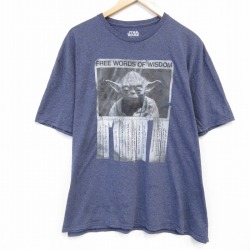 XL★古着 半袖 Tシャツ メンズ スターウォーズ STAR WARS ヨーダ 大きいサイズ クルーネック 薄紺 ネイビー 霜降り 25jul23 中古