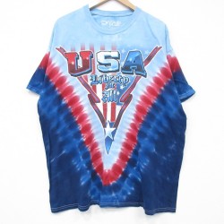 XL★古着 リキッドブルー 半袖 Tシャツ メンズ USAロゴ 大きいサイズ クルーネック 紺他 ネイビー タイダイ 25jul25 中古