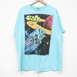 XL★古着 半袖 Tシャツ メンズ スターウォーズ STAR WARS コットン クルーネック 水色 25jul25 中古