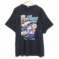 XL★古着 半袖 Tシャツ メンズ ネコ 大きいサイズ コットン クルーネック 黒 ブラック 25jul28 中古