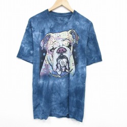 XL★古着 THE MOUNTAIN 半袖 Tシャツ メンズ ブルドッグ コットン クルーネック 薄紺他 ネイビー タイダイ 25jul29 中古