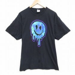 XL★古着 半袖 Tシャツ メンズ スマイル コットン クルーネック 黒 ブラック 25jul30 中古