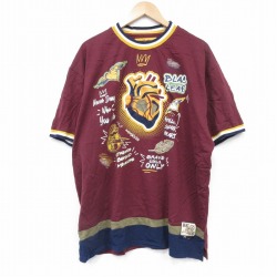 XL★古着 半袖 Tシャツ メンズ 心臓 大きいサイズ コットン クルーネック エンジ他 25aug13 中古