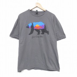XL★古着 半袖 Tシャツ メンズ クマ コットン クルーネック 濃グレー 25aug21 中古