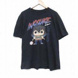 XL★古着 半袖 Tシャツ メンズ アニメ 鬼滅の刃 伊之助 大きいサイズ コットン クルーネック 黒 ブラック 【spe】 25aug21 中古