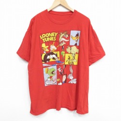 【50%OFF】XL★古着 半袖 Tシャツ メンズ ルーニーテューンズ LOONEY TUNES タズ マービンザマーシャン 大きいサイズ クルーネック 赤 レッド 25aug18 中古