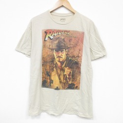 XL★古着 半袖 Tシャツ メンズ 映画 インディジョーンズ 大きいサイズ コットン クルーネック ベージュ カーキ 【spe】 25aug19 中古