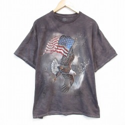 XL★古着 THE MOUNTAIN 半袖 Tシャツ メンズ 鳥 コットン クルーネック こげ茶 ブラウン タイダイ 25aug20 中古
