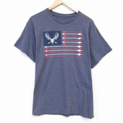 L★古着 半袖 Tシャツ メンズ シカ クルーネック 薄紺 ネイビー 霜降り 25aug20 中古