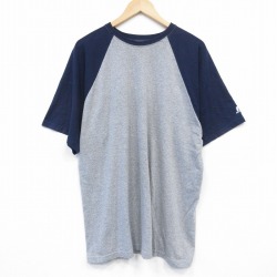 XL★古着 ラッセル 半袖 Tシャツ メンズ 無地 ツートンカラー ラグラン 大きいサイズ クルーネック グレー他 霜降り 25aug20 中古