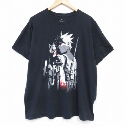 XL★古着 半袖 Tシャツ メンズ アニメ ナルト疾風伝 はたけカカシ 大きいサイズ コットン クルーネック 黒 ブラック 【spe】 25aug20 中古