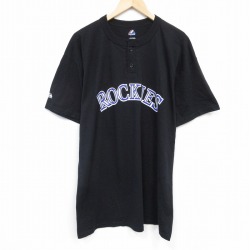 【20%OFF】XL★古着 マジェスティック 半袖 Tシャツ メンズ MLB コロラドロッキーズ 大きいサイズ ヘンリーネック 黒 ブラック メジャーリーグ ベースボール 野球 25aug22 中古