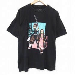 XL★古着 半袖 Tシャツ メンズ アニメ 鬼滅の刃 竈門炭治郎 大きいサイズ コットン クルーネック 黒 ブラック 25aug22 中古