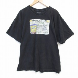 XL★古着 半袖 Tシャツ メンズ アニメ ニコロデン スポンジボブ 大きいサイズ コットン クルーネック 黒 ブラック 25aug25 中古