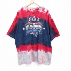 【50%OFF】XL★古着 マジェスティック 半袖 Tシャツ メンズ NFL ニューイングランドペイトリオッツ 大きいサイズ コットン クルーネック 紺他 ネイビー タイダイ アメフト スーパーボウル 25aug27 中古
