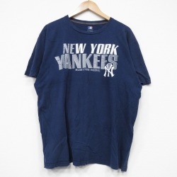 【20%OFF】L★古着 半袖 Tシャツ メンズ MLB ニューヨークヤンキース コットン クルーネック 紺 ネイビー メジャーリーグ ベースボール 野球 25aug27 中古