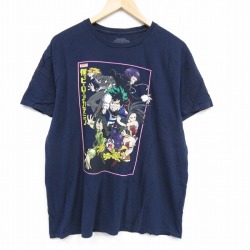 【20%OFF】XL★古着 半袖 Tシャツ メンズ アニメ 僕のヒーローアカデミア 大きいサイズ コットン クルーネック 紺 ネイビー 25aug28 中古