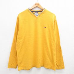 【50%OFF】XL★古着 トミーヒルフィガー TOMMY HILFIGER トミージーンズ 長袖 ブランド Tシャツ メンズ 90年代 90s ワンポイントロゴ コットン Vネック 黄 イエロー 23sep20 中古