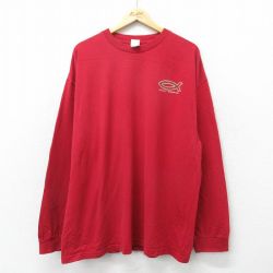 XL★古着 長袖 ビンテージ Tシャツ メンズ 00年代 00s 魚 大きいサイズ コットン クルーネック エンジ 24mar06 中古