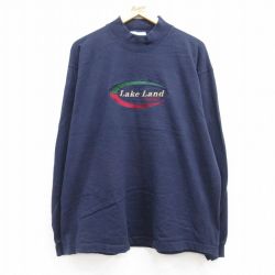 【50%OFF】XL★古着 長袖 ビンテージ Tシャツ メンズ 90年代 90s レイクランド カレッジ 刺繍 大きいサイズ コットン モックネック ハイネック USA製 紺 ネイビー 【spe】 24jul08 中古