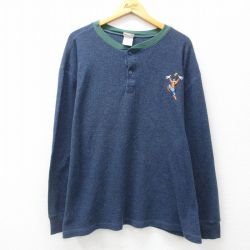 XL★古着 長袖 ビンテージ サーマル Tシャツ メンズ 00年代 00s ディズニー DISNEY グーフィー 大きいサイズ ヘンリーネック 紺 ネイビー 霜降り 24nov26 中古