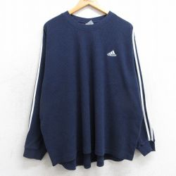 XL★古着 アディダス adidas 長袖 ビンテージ サーマル Tシャツ メンズ 90年代 90s ワンポイントロゴ 大きいサイズ クルーネック 紺 ネイビー 3本ライン 25feb15 中古