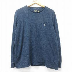 【50%OFF】XL★古着 ラルフローレン Ralph Lauren 長袖 ブランド Tシャツ メンズ ワンポイントロゴ 胸ポケット付き コットン クルーネック 紺 ネイビー 霜降り 25feb27 中古