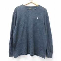 XL★古着 ラルフローレン Ralph Lauren 長袖 ブランド Tシャツ メンズ ワンポイントロゴ コットン クルーネック 紺 ネイビー 霜降り 25feb27 中古