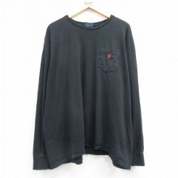 XL★古着 ラルフローレン Ralph Lauren 長袖 ブランド Tシャツ メンズ 90年代 90s ワンポイントロゴ 胸ポケット付き 大きいサイズ コットン クルーネック 黒 ブラック 25feb28 中古