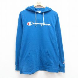 M★古着 チャンピオン champion 長袖 Tシャツ パーカー メンズ ビッグロゴ コットン 青 ブルー 25mar03 中古