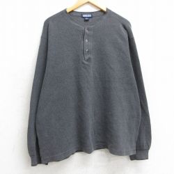 XL★古着 ランズエンド 長袖 ビンテージ サーマル Tシャツ メンズ 90年代 90s 無地 大きいサイズ コットン ヘンリーネック USA製 濃グレー 25mar04 中古
