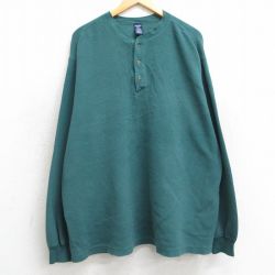 XL★古着 ランズエンド 長袖 ビンテージ サーマル Tシャツ メンズ 90年代 90s 無地 大きいサイズ コットン ヘンリーネック USA製 緑 グリーン 25mar04 中古