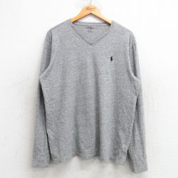 L★古着 ラルフローレン Ralph Lauren 長袖 ブランド Tシャツ メンズ ワンポイントロゴ コットン Vネック グレー 霜降り 25mar07 中古