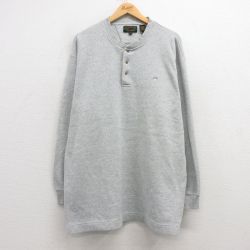 XL★古着 長袖 ビンテージ Tシャツ メンズ 00年代 00s ワンポイントロゴ 大きいサイズ ロング丈 コットン ヘンリーネック 薄グレー 霜降り 25mar07 中古
