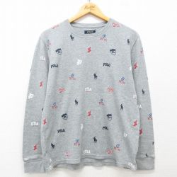 XL★古着 ラルフローレン Ralph Lauren 長袖 ブランド サーマル Tシャツ メンズ ワンポイントロゴ 総柄 コットン クルーネック グレー 25mar11 中古