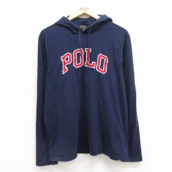 XL★古着 ラルフローレン Ralph Lauren 長袖 ブランド Tシャツ パーカー メンズ ビッグロゴ 刺繍 コットン 紺 ネイビー 25mar14 中古