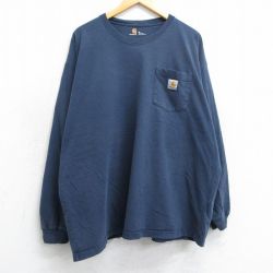 【50%OFF】XL★古着 カーハート Carhartt 長袖 Tシャツ メンズ ワンポイントロゴ 胸ポケット付き 大きいサイズ コットン クルーネック 紺 ネイビー 25mar18 中古