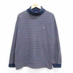 XL★古着 トミーヒルフィガー TOMMY HILFIGER 長袖 ブランド Tシャツ メンズ 90年代 90s ワンポイントロゴ コットン タートルネック ハイネック 紺他 ネイビー ボーダー 25mar22 中古