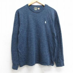 L★古着 ラルフローレン Ralph Lauren 長袖 ブランド Tシャツ メンズ ワンポイントロゴ コットン クルーネック 紺 ネイビー 霜降り 25mar24 中古