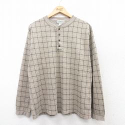 XL★古着 エルエルビーン LLBEAN 長袖 ビンテージ Tシャツ メンズ 90年代 90s コットン ヘンリーネック USA製 ベージュ他 カーキ チェック 25mar28 中古