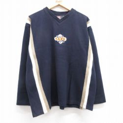 XL★古着 長袖 ビンテージ Tシャツ メンズ 00年代 00s NFL スーパーボウル 刺繍 大きいサイズ コットン Vネック 紺他 ネイビー 25mar29 中古